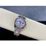 Sunday Calendar series women's watch, mother-of-pearl dial, rose gold bezel, 36mm, two-tone President-style bracelet.